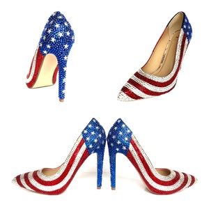 New American 🇺🇸 Flag custom made red, white and blue sparkly heels.